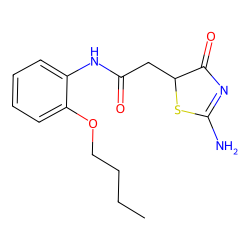 2-(2-amino-4-oxo-1,3-thiazol-5-yl)-N-(2-butoxyphenyl)acetamide structure