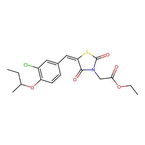 ethyl {(5E)-5-[4-(butan-2-yloxy)-3-chlorobenzylidene]-2,4-dioxo-1,3-thiazolidin-3-yl}acetate structure