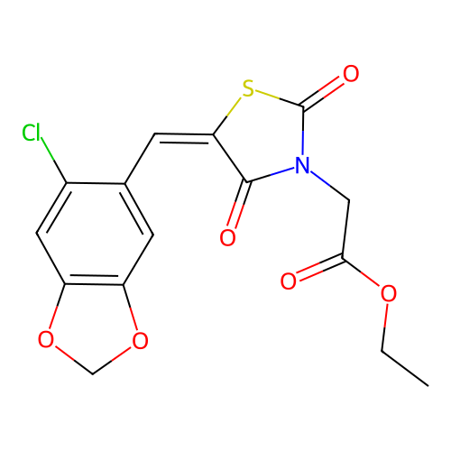 (E)-ethyl 2-(5-((6-chlorobenzo[d][1,3]dioxol-5-yl)methylene)-2,4-dioxothiazolidin-3-yl)acetate structure