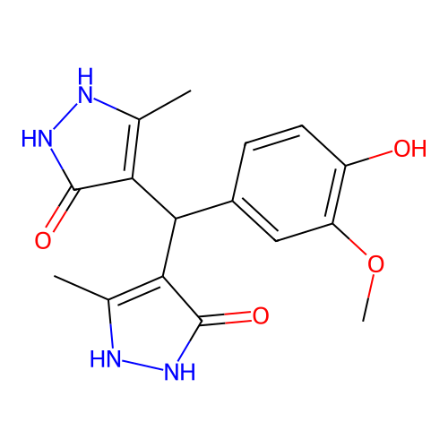 4,4'-[(4-hydroxy-3-methoxyphenyl)methanediyl]bis(3-methyl-1H-pyrazol-5-ol) structure