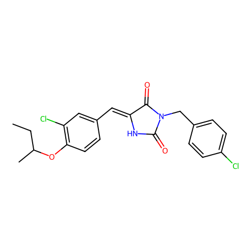 (5Z)-5-[4-(butan-2-yloxy)-3-chlorobenzylidene]-3-(4-chlorobenzyl)imidazolidine-2,4-dione structure