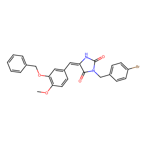 (5E)-3-[(4-bromophenyl)methyl]-5-[(4-methoxy-3-phenylmethoxyphenyl)methylidene]imidazolidine-2,4-dione structure