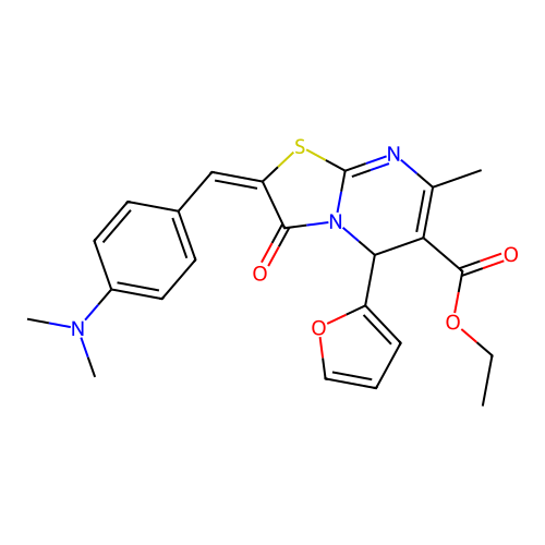 (E)-ethyl 2-(4-(dimethylamino)benzylidene)-5-(furan-2-yl)-7-methyl-3-oxo-3,5-dihydro-2H-thiazolo[3,2-a]pyrimidine-6-carboxylate structure