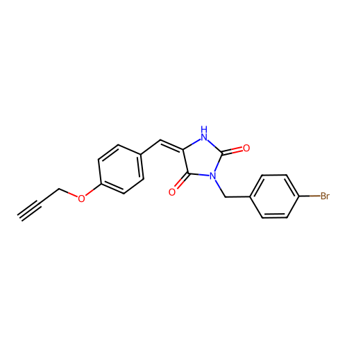 (5E)-3-(4-bromobenzyl)-5-[4-(prop-2-yn-1-yloxy)benzylidene]imidazolidine-2,4-dione structure