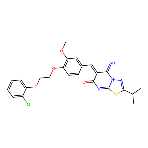 (6Z)-6-[[4-[2-(2-chlorophenoxy)ethoxy]-3-methoxyphenyl]methylidene]-5-imino-2-propan-2-yl-[1,3,4]thiadiazolo[3,2-a]pyrimidin-7-one structure