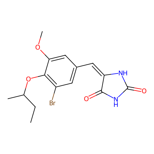 (5E)-5-[3-bromo-4-(butan-2-yloxy)-5-methoxybenzylidene]imidazolidine-2,4-dione structure