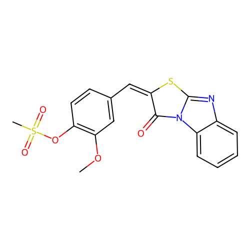 (E)-2-methoxy-4-((3-oxobenzo[4,5]imidazo[2,1-b]thiazol-2(3H)-ylidene)methyl)phenyl methanesulfonate structure
