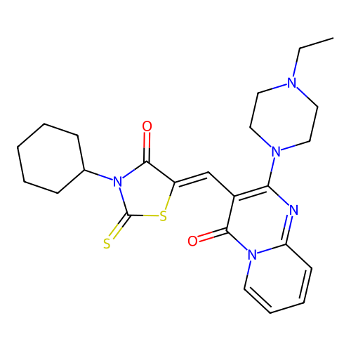 3-[(Z)-(3-cyclohexyl-4-oxo-2-thioxo-1,3-thiazolidin-5-ylidene)methyl]-2-(4-ethylpiperazin-1-yl)-4H-pyrido[1,2-a]pyrimidin-4-one structure