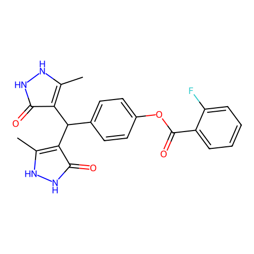 4-[bis(5-hydroxy-3-methyl-1H-pyrazol-4-yl)methyl]phenyl 2-fluorobenzoate structure