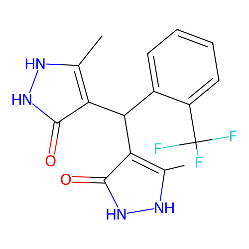 4,4'-{[2-(trifluoromethyl)phenyl]methanediyl}bis(3-methyl-1H-pyrazol-5-ol) structure