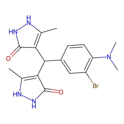 4,4'-{[3-bromo-4-(dimethylamino)phenyl]methanediyl}bis(3-methyl-1H-pyrazol-5-ol) structure