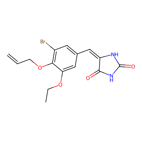 (5E)-5-[(3-bromo-5-ethoxy-4-prop-2-enoxyphenyl)methylidene]imidazolidine-2,4-dione structure