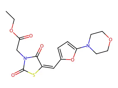 (E)-ethyl 2-(5-((5-morpholinofuran-2-yl)methylene)-2,4-dioxothiazolidin-3-yl)acetate structure