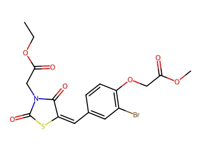 methyl (2-bromo-4-{(E)-[3-(2-ethoxy-2-oxoethyl)-2,4-dioxo-1,3-thiazolidin-5-ylidene]methyl}phenoxy)acetate structure