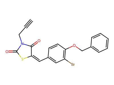(5E)-5-[4-(benzyloxy)-3-bromobenzylidene]-3-(prop-2-yn-1-yl)-1,3-thiazolidine-2,4-dione structure