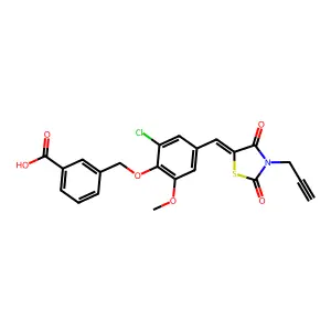 3-[(2-chloro-4-{(E)-[2,4-dioxo-3-(prop-2-yn-1-yl)-1,3-thiazolidin-5-ylidene]methyl}-6-methoxyphenoxy)methyl]benzoic acid structure
