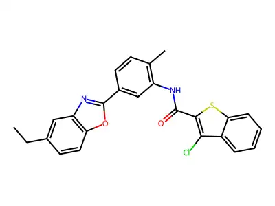 3-chloro-N-[5-(5-ethyl-1,3-benzoxazol-2-yl)-2-methylphenyl]-1-benzothiophene-2-carboxamide structure