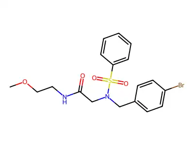 2-[benzenesulfonyl-[(4-bromophenyl)methyl]amino]-N-(2-methoxyethyl)acetamide structure
