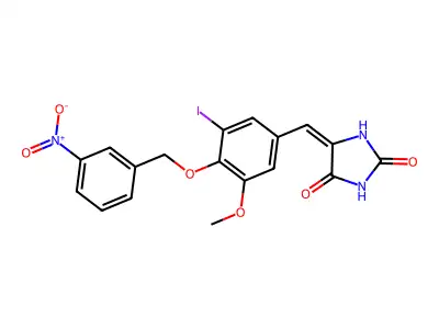 (5E)-5-[[3-iodo-5-methoxy-4-[(3-nitrophenyl)methoxy]phenyl]methylidene]imidazolidine-2,4-dione structure
