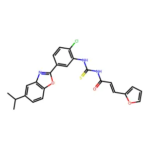 (2E)-N-({2-chloro-5-[5-(propan-2-yl)-1,3-benzoxazol-2-yl]phenyl}carbamothioyl)-3-(furan-2-yl)prop-2-enamide structure