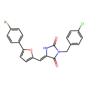 (5E)-5-[[5-(4-bromophenyl)furan-2-yl]methylidene]-3-[(4-chlorophenyl)methyl]imidazolidine-2,4-dione structure