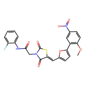 N-(2-fluorophenyl)-2-[(5Z)-5-[[5-(2-methoxy-5-nitrophenyl)furan-2-yl]methylidene]-2,4-dioxo-1,3-thiazolidin-3-yl]acetamide structure