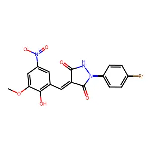 (4Z)-1-(4-bromophenyl)-4-(2-hydroxy-3-methoxy-5-nitrobenzylidene)pyrazolidine-3,5-dione structure