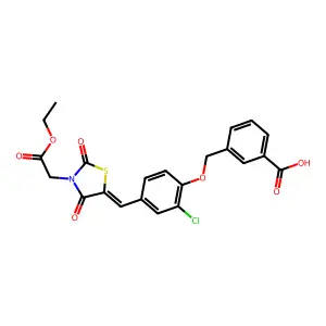 3-[(2-chloro-4-{(E)-[3-(2-ethoxy-2-oxoethyl)-2,4-dioxo-1,3-thiazolidin-5-ylidene]methyl}phenoxy)methyl]benzoic acid structure