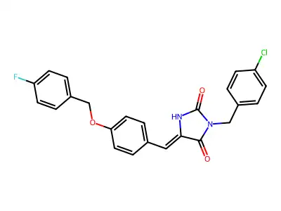 (5Z)-3-[(4-chlorophenyl)methyl]-5-[[4-[(4-fluorophenyl)methoxy]phenyl]methylidene]imidazolidine-2,4-dione structure
