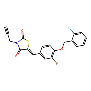 (5E)-5-[[3-bromo-4-[(2-fluorophenyl)methoxy]phenyl]methylidene]-3-prop-2-ynyl-1,3-thiazolidine-2,4-dione structure