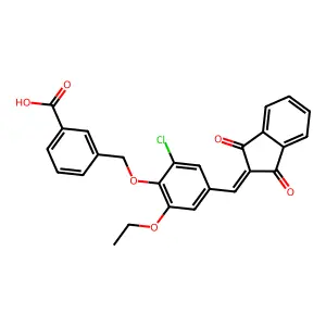 3-({2-chloro-4-[(1,3-dioxo-1,3-dihydro-2H-inden-2-ylidene)methyl]-6-ethoxyphenoxy}methyl)benzoic acid structure