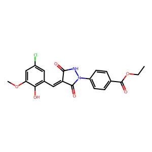 Ethyl 4-[4-[(5-chloro-2-hydroxy-3-methoxyphenyl)methylene]-3,5-dioxo-1-pyrazolidinyl]benzoate structure