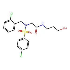 2-[(2-chlorophenyl)methyl-(4-chlorophenyl)sulfonylamino]-N-(3-hydroxypropyl)acetamide structure