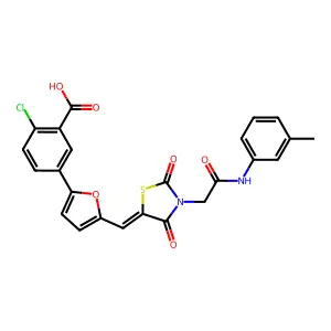 (E)-2-chloro-5-(5-((2,4-dioxo-3-(2-oxo-2-(m-tolylamino)ethyl)thiazolidin-5-ylidene)methyl)furan-2-yl)benzoic acid structure