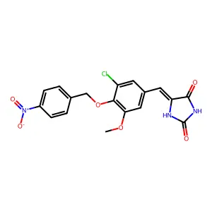 (5E)-5-[[3-chloro-5-methoxy-4-[(4-nitrophenyl)methoxy]phenyl]methylidene]imidazolidine-2,4-dione structure