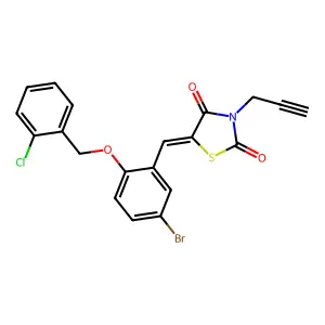 (5E)-5-[[5-bromo-2-[(2-chlorophenyl)methoxy]phenyl]methylidene]-3-prop-2-ynyl-1,3-thiazolidine-2,4-dione structure