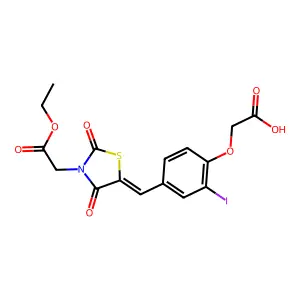 (4-{(E)-[3-(2-ethoxy-2-oxoethyl)-2,4-dioxo-1,3-thiazolidin-5-ylidene]methyl}-2-iodophenoxy)acetic acid structure