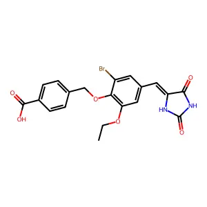 4-({2-bromo-4-[(2,5-dioxo-4-imidazolidinylidene)methyl]-6-ethoxyphenoxy}methyl)benzoic acid structure