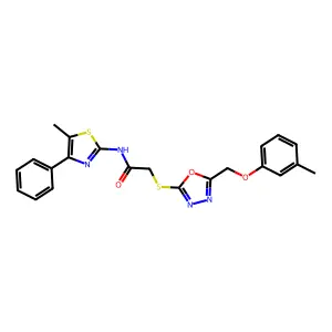 2-[[5-[(3-methylphenoxy)methyl]-1,3,4-oxadiazol-2-yl]sulfanyl]-N-(5-methyl-4-phenyl-1,3-thiazol-2-yl)acetamide structure