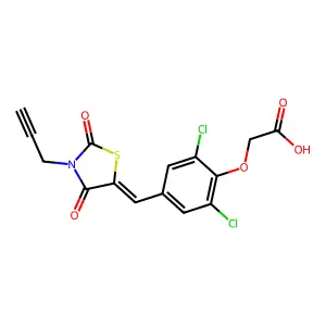 (2,6-dichloro-4-{(E)-[2,4-dioxo-3-(prop-2-yn-1-yl)-1,3-thiazolidin-5-ylidene]methyl}phenoxy)acetic acid structure