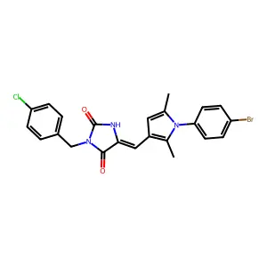 (5E)-5-[[1-(4-bromophenyl)-2,5-dimethylpyrrol-3-yl]methylidene]-3-[(4-chlorophenyl)methyl]imidazolidine-2,4-dione structure