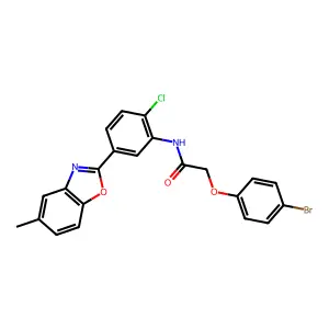 2-(4-bromophenoxy)-N-[2-chloro-5-(5-methyl-1,3-benzoxazol-2-yl)phenyl]acetamide structure