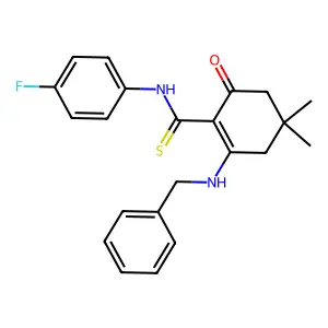 2-(benzylamino)-N-(4-fluorophenyl)-4,4-dimethyl-6-oxocyclohex-1-ene-1-carbothioamide structure