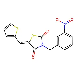 (5E)-3-(3-nitrobenzyl)-5-(thiophen-2-ylmethylidene)-1,3-thiazolidine-2,4-dione structure