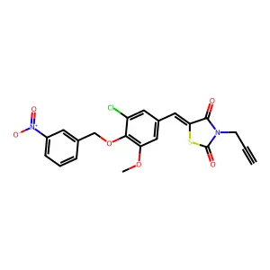 (5E)-5-[[3-chloro-5-methoxy-4-[(3-nitrophenyl)methoxy]phenyl]methylidene]-3-prop-2-ynyl-1,3-thiazolidine-2,4-dione structure