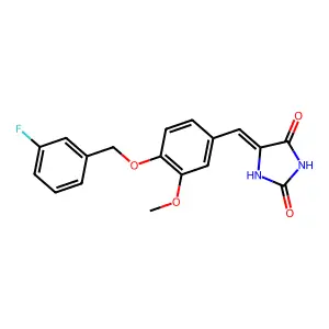 (5E)-5-{4-[(3-fluorobenzyl)oxy]-3-methoxybenzylidene}imidazolidine-2,4-dione structure