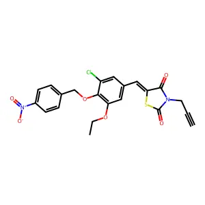 (5E)-5-[[3-chloro-5-ethoxy-4-[(4-nitrophenyl)methoxy]phenyl]methylidene]-3-prop-2-ynyl-1,3-thiazolidine-2,4-dione structure