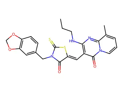 3-{(Z)-[3-(1,3-benzodioxol-5-ylmethyl)-4-oxo-2-thioxo-1,3-thiazolidin-5-ylidene]methyl}-9-methyl-2-(propylamino)-4H-pyrido[1,2-a]pyrimidin-4-one structure