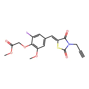 methyl (4-{(E)-[2,4-dioxo-3-(prop-2-yn-1-yl)-1,3-thiazolidin-5-ylidene]methyl}-2-iodo-6-methoxyphenoxy)acetate structure