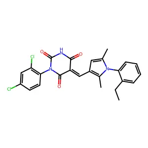 (5E)-1-(2,4-dichlorophenyl)-5-[[1-(2-ethylphenyl)-2,5-dimethylpyrrol-3-yl]methylidene]-1,3-diazinane-2,4,6-trione structure